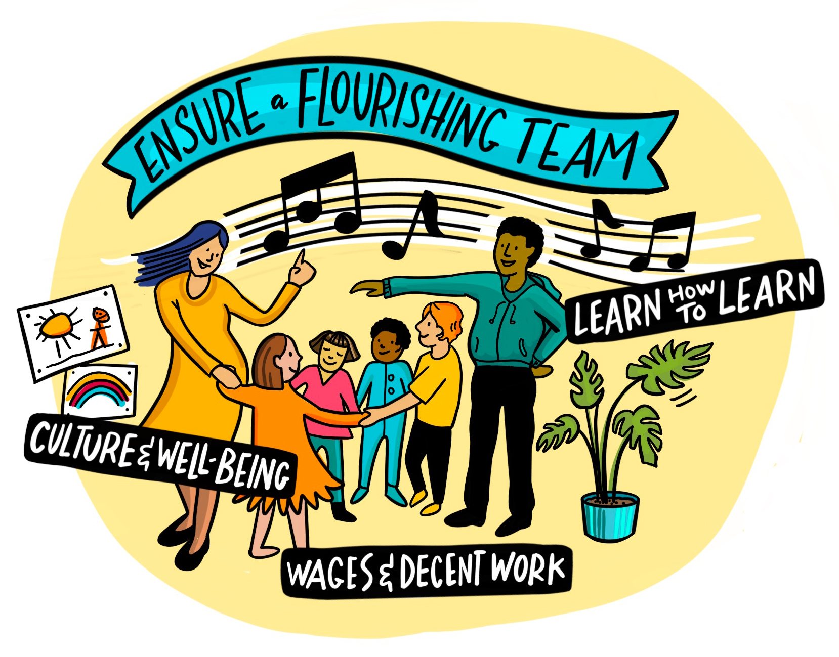 Illustration of educators and children dancing to music