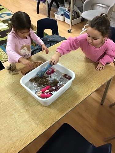 Two children placing items into a container of water to see if they sink or float