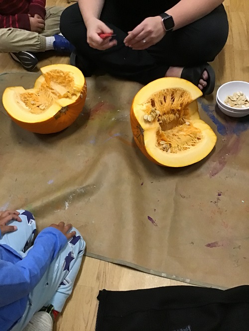 Disected pumpkin on a craft mat in 