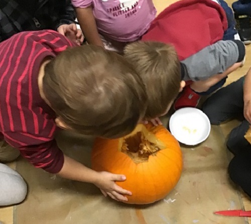 A group of preschool children gathered around a pumpkin with two children peering inside it