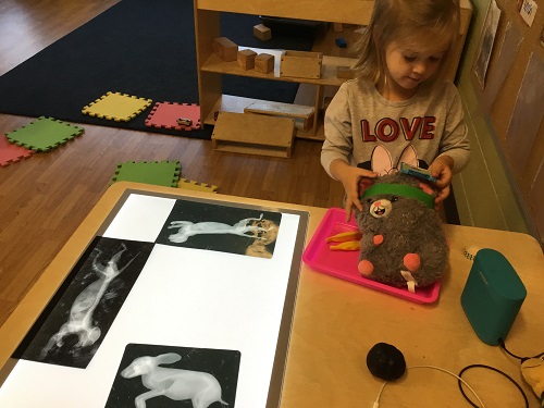 A child at a table doing a check up on her stuffed animal