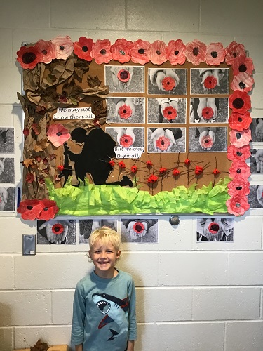 A child standing in front of a Remembrance Day display