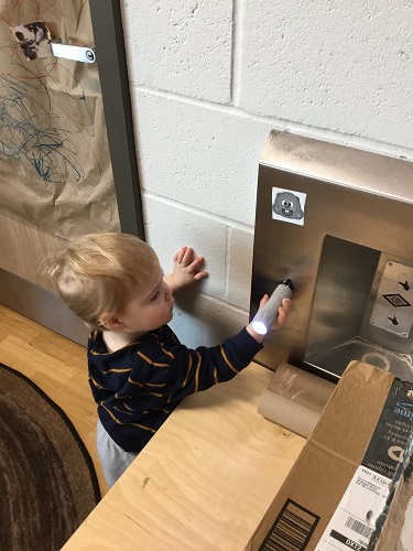 A child pointing a flashlight at a picture of a groundhog