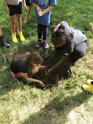 2 School Age 2 children crouching outside of a hole digging for snakes, school age 2 children standing around observing