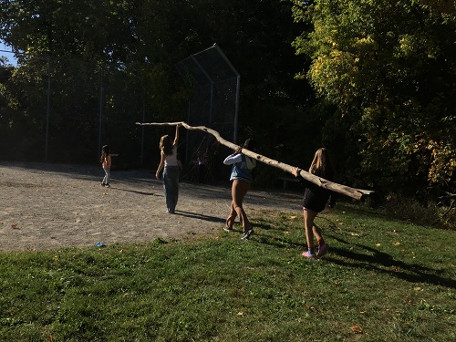 3 school age children holding onto a long log together while walking, another school age child standing ahead of them and pointing towards a place on the baseball diamond