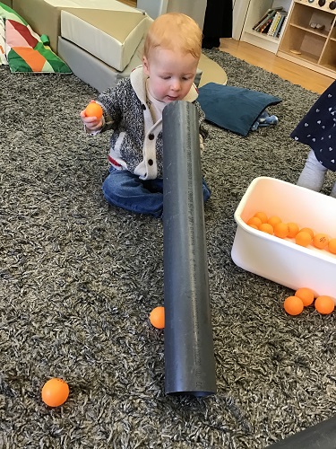 An infant is holding a large plastic tube and looking into the tube while holding a ping-pong ball.