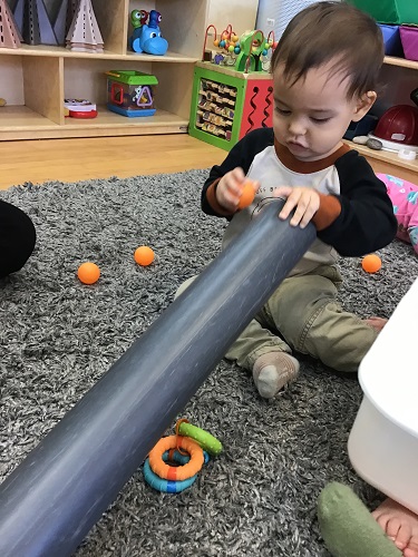 An infant is holding a large plastic tube and putting a ping-pong into it.