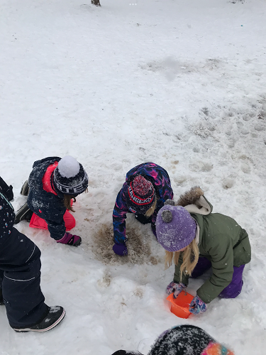 Group of school-age children mixing water and snow