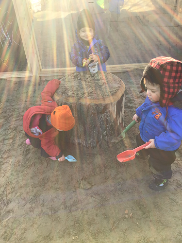 Several toddlers are playing in the new sandbox.