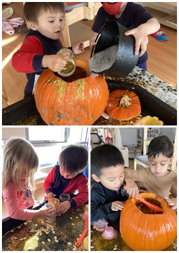 Children interact with pumpkins