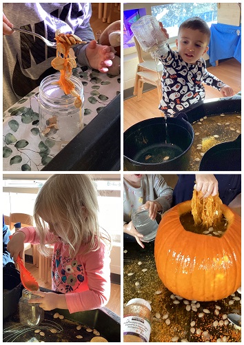 Children interact with pumpkins