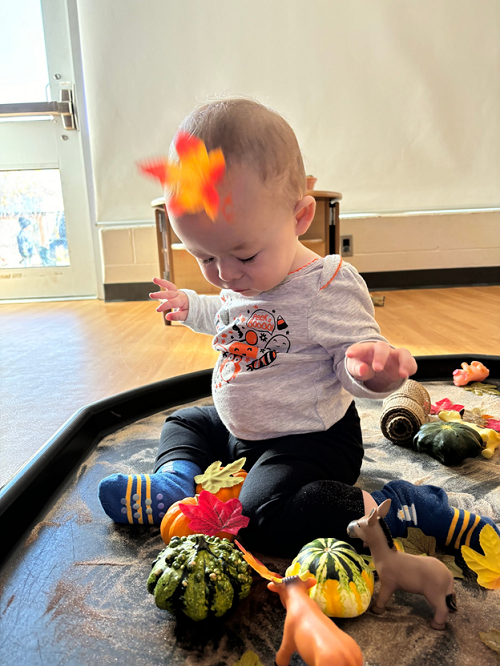 A child sitting in the tuff tray exploring with leaves, pumpkins, sand and gourds.