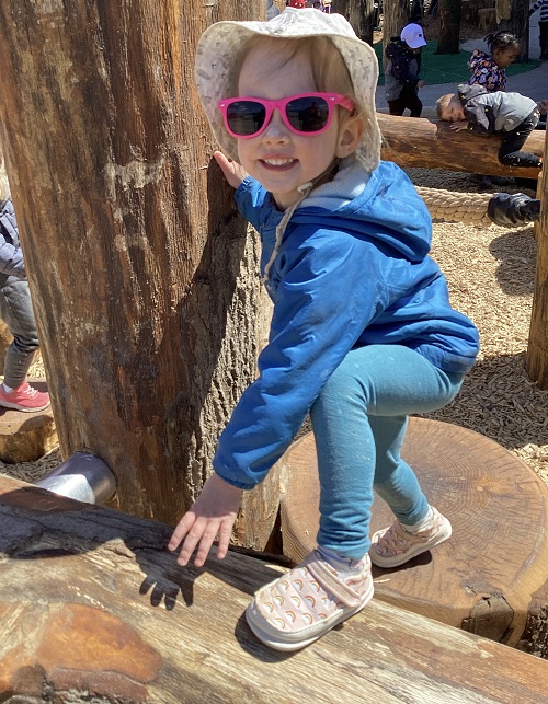 A child stepping up onto a horizontal log