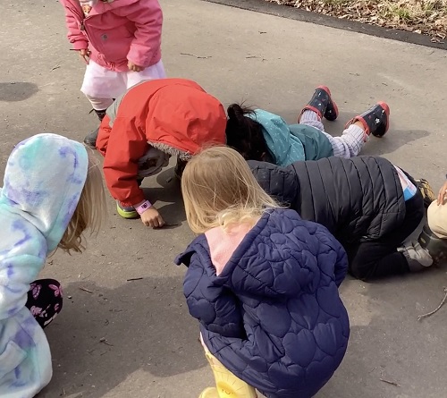 A small group of children observing an object on the path.