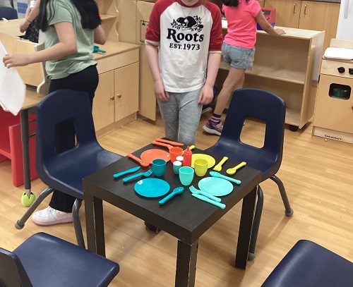 A small of children have set the table to serve a meal