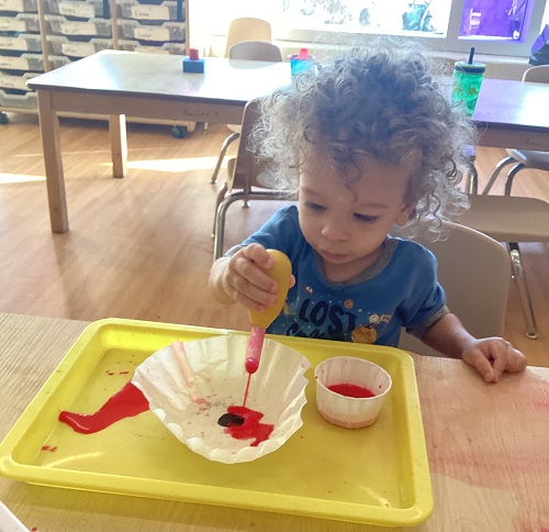 A child using their water dropper to colour thier coffee-filter poppy.