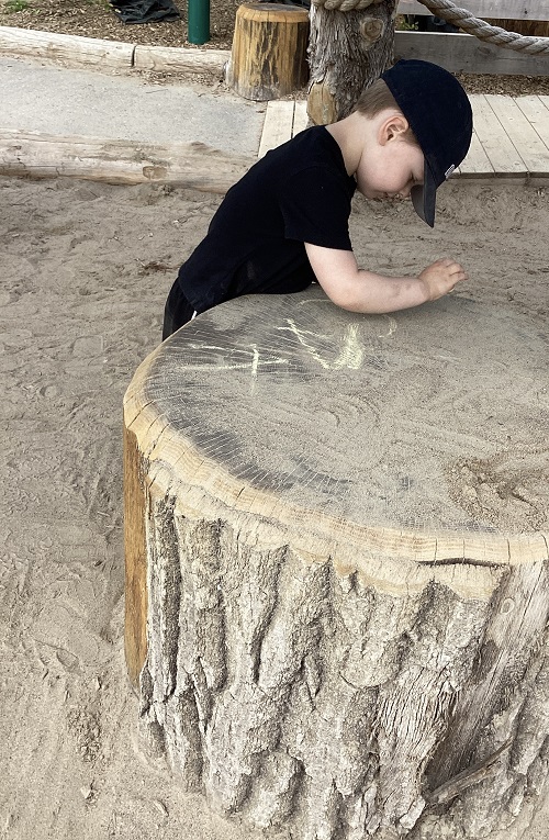 A child exploring the large stump in the sand box.