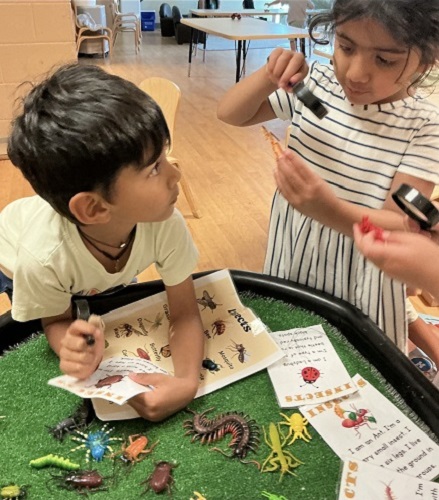 Two preschool children exploring with bugs