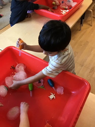A child using an eye dropper to drip warm water onto the ice egg
