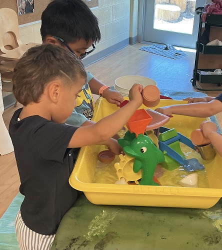 Two preschool children engaged in water play