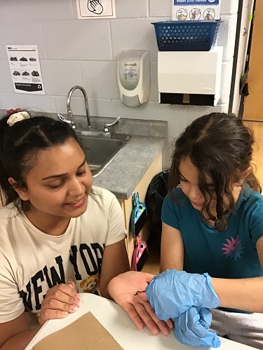 A school aged child applying Henna to the educators hand