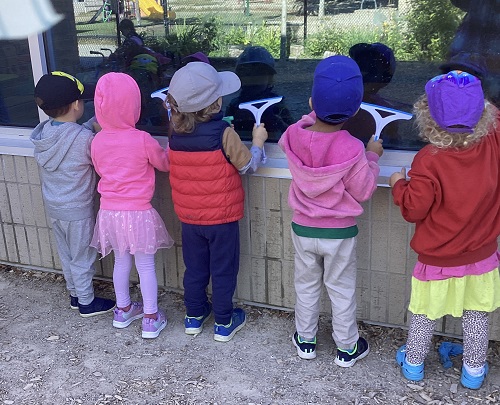 A group of preschool children cleaning the window