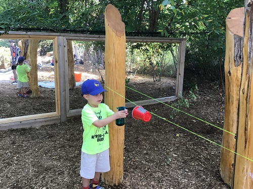 Child moving cup on string