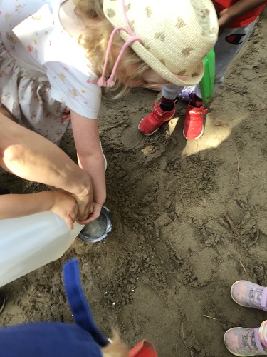 A preschooler and educator are adding vinegar to a volcano they are making.