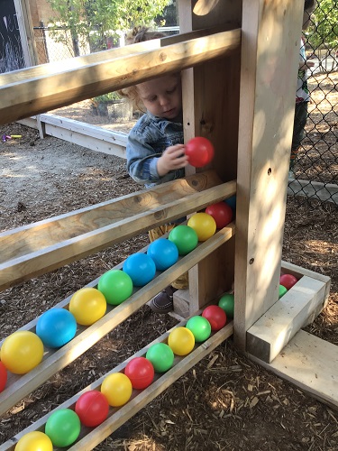 A toddler is adding a red ball to the ball drop.