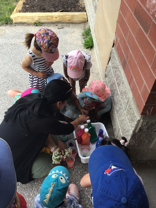 Group of preschool friends with loose parts outside