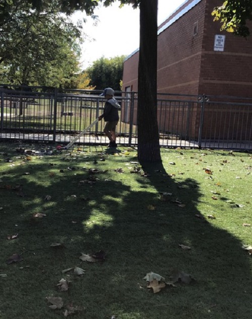 child pushing lawn mower