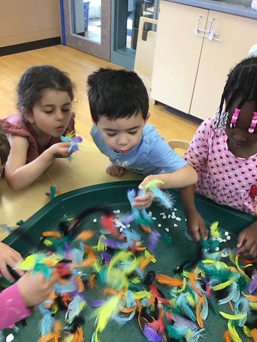 Children blowing on feathers.