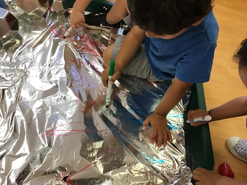 Children colouring on foil paper