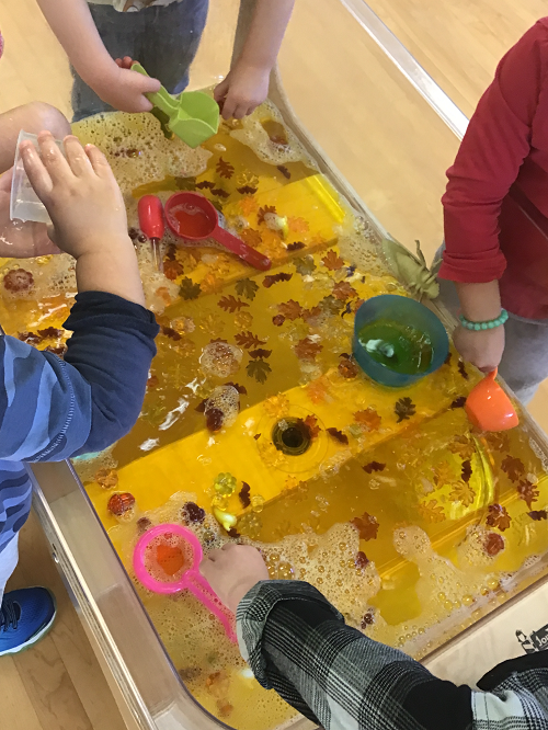 Children exploring a fall colours sensory bin.