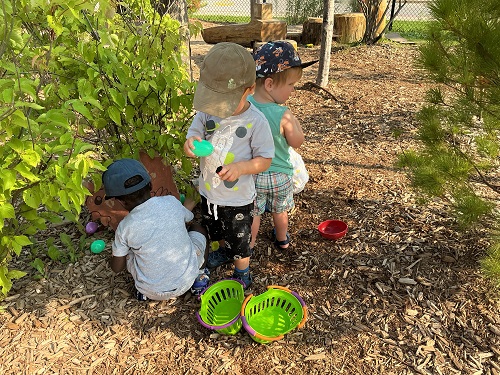 Children looking for play chicken eggs