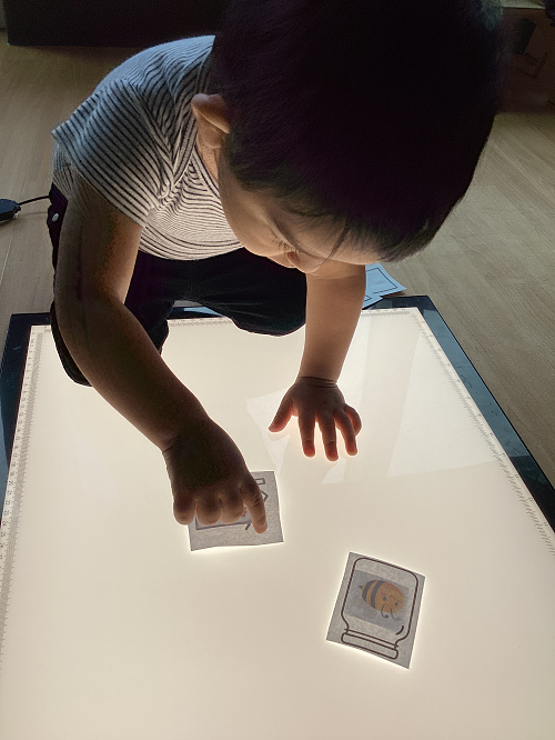 An infant child looking at photos on the light table