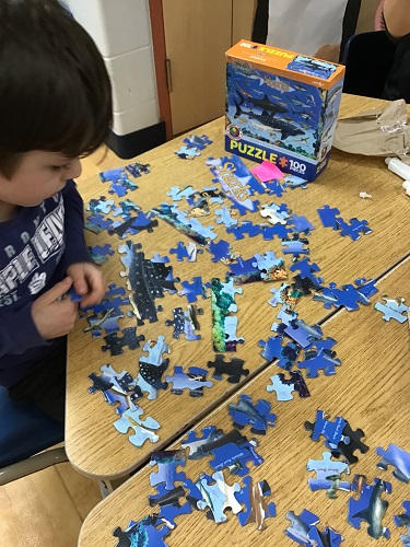Boy putting together sea animal puzzle of 100 pieces