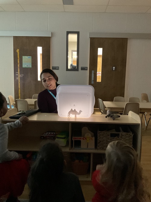 Educator with light cube and camel