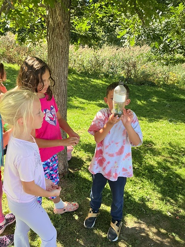 school aged children looking at bugs in a bottle